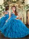 Affordable Ruffles Pageant Gowns For Girls Blue Lace Up Sleeveless Floor Length
