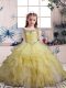 Off The Shoulder Sleeveless Lace Up Little Girl Pageant Gowns Yellow Organza