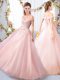 Pink A-line Off The Shoulder Sleeveless Tulle Floor Length Lace Up Appliques and Belt Bridesmaid Dress