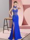 Delicate Halter Top Sleeveless Evening Dress Floor Length Lace and Appliques Blue Chiffon
