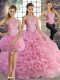 New Arrival Floor Length Lace Up 15th Birthday Dress Rose Pink for Military Ball and Sweet 16 and Quinceanera with Beading