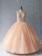 Artistic Peach Ball Gowns Scoop Sleeveless Tulle Floor Length Lace Up Beading Sweet 16 Quinceanera Dress