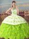 Low Price Halter Top Sleeveless Quinceanera Gown Floor Length Court Train Embroidery and Ruffles Organza