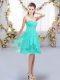 Sophisticated Knee Length Turquoise Bridesmaid Gown Chiffon Sleeveless Ruffles and Ruching