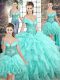 Brush Train Ball Gowns Quinceanera Gown Aqua Blue Off The Shoulder Organza Sleeveless Lace Up