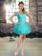 Aqua Blue Ball Gowns Off The Shoulder Sleeveless Organza Mini Length Lace Up Beading and Ruffles Homecoming Dress