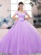 Lavender Lace Up Quince Ball Gowns Lace and Hand Made Flower Short Sleeves Floor Length