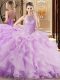 Excellent Sleeveless Organza Brush Train Lace Up Quinceanera Gown in Lilac with Beading and Ruffles