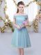 Blue Bridesmaid Gown Wedding Party with Belt Off The Shoulder Short Sleeves Lace Up
