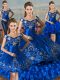 Great Royal Blue Sleeveless Embroidery and Ruffled Layers Floor Length 15 Quinceanera Dress