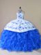 Royal Blue Organza Lace Up Halter Top Sleeveless Vestidos de Quinceanera Court Train Embroidery and Ruffles