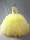Classical Straps Sleeveless Quinceanera Gowns Floor Length Beading and Ruffles Yellow Organza
