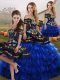 Blue And Black Quince Ball Gowns Military Ball and Sweet 16 and Quinceanera with Embroidery and Ruffled Layers Off The Shoulder Sleeveless Lace Up