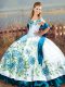 Artistic Satin Off The Shoulder Sleeveless Lace Up Embroidery and Ruffles Quinceanera Gown in Blue And White