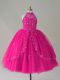 Ball Gowns Little Girls Pageant Dress Wholesale Fuchsia High-neck Tulle Sleeveless Floor Length Lace Up
