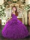 High End Sleeveless Organza Floor Length Lace Up Little Girls Pageant Gowns in Purple with Ruffles