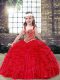 Custom Fit Straps Sleeveless Pageant Dress Floor Length Beading and Ruffles Red Tulle