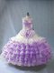 Traditional White And Purple Sleeveless Embroidery and Ruffled Layers and Bowknot Floor Length Vestidos de Quinceanera