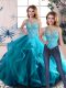 Admirable Scoop Sleeveless Quinceanera Gowns Floor Length Beading and Ruffles Aqua Blue Tulle
