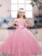 Pink Sleeveless Floor Length Lace and Bowknot Lace Up Pageant Gowns For Girls