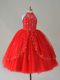 Red Tulle Lace Up Little Girls Pageant Dress Wholesale Sleeveless Floor Length Beading and Appliques
