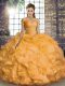 Customized Organza Off The Shoulder Sleeveless Lace Up Beading and Ruffles Ball Gown Prom Dress in Gold