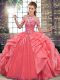 Beauteous Watermelon Red Sleeveless Beading and Ruffles Floor Length Quinceanera Gown