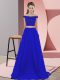 Hot Sale Elastic Woven Satin Off The Shoulder Sleeveless Sweep Train Backless Beading Prom Evening Gown in Blue