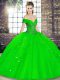 Most Popular Off The Shoulder Sleeveless Quinceanera Gown Floor Length Beading and Ruffles Green Tulle
