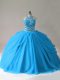 Luxurious Tulle Halter Top Sleeveless Lace Up Beading Quince Ball Gowns in Baby Blue