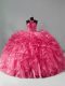 Hot Pink Ball Gowns Organza Halter Top Sleeveless Beading and Ruffles Zipper Quinceanera Dresses