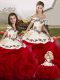 Sleeveless Floor Length Embroidery and Ruffles Lace Up 15 Quinceanera Dress with White And Red