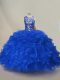 Great Floor Length Lace Up Sweet 16 Dress Royal Blue for Sweet 16 and Quinceanera with Ruffles and Sequins
