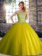 Modern Brush Train Ball Gowns Quince Ball Gowns Yellow Green Off The Shoulder Tulle Sleeveless Lace Up