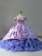 Captivating Off The Shoulder Sleeveless Sweet 16 Dresses Chapel Train Embroidery and Ruffles Lavender Organza