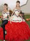 Exceptional Sleeveless Organza Floor Length Lace Up Quince Ball Gowns in White And Red with Embroidery and Ruffles