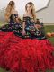 Floor Length Lace Up Vestidos de Quinceanera Red And Black for Military Ball and Sweet 16 and Quinceanera with Embroidery and Ruffles