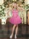 Luxury Ball Gowns Evening Dress Pink Halter Top Tulle Sleeveless Mini Length Lace Up