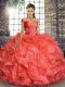Coral Red Sleeveless Floor Length Beading and Ruffles Lace Up Ball Gown Prom Dress