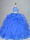 Stunning Blue Two Pieces Beading and Ruffles Quinceanera Dresses Backless Organza Sleeveless