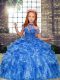 Graceful Beading and Ruffles Little Girl Pageant Dress Blue Lace Up Sleeveless Floor Length