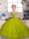 Floor Length Olive Green Little Girls Pageant Gowns Tulle Sleeveless Beading and Ruffles