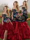 Dynamic Off The Shoulder Sleeveless Quinceanera Gowns Floor Length Embroidery and Ruffles Red And Black Organza