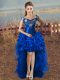 Affordable Organza Off The Shoulder Sleeveless Lace Up Embroidery and Ruffles Homecoming Dress in Royal Blue