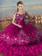 Fuchsia Satin and Organza Lace Up Quinceanera Gowns Sleeveless Floor Length Embroidery and Ruffled Layers