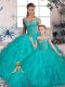 Fashionable Aqua Blue Ball Gowns Tulle Off The Shoulder Sleeveless Beading and Ruffles Lace Up Sweet 16 Dress Brush Train