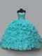 Aqua Blue Ball Gowns Sweetheart Sleeveless Organza Lace Up Beading and Ruffles Quince Ball Gowns
