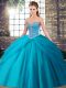 High Quality Beading and Pick Ups Quince Ball Gowns Aqua Blue Lace Up Sleeveless Brush Train
