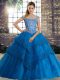 Off The Shoulder Sleeveless Brush Train Lace Up 15 Quinceanera Dress Blue Tulle