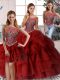 Noble Organza Scoop Sleeveless Brush Train Zipper Beading and Pick Ups Quince Ball Gowns in Wine Red